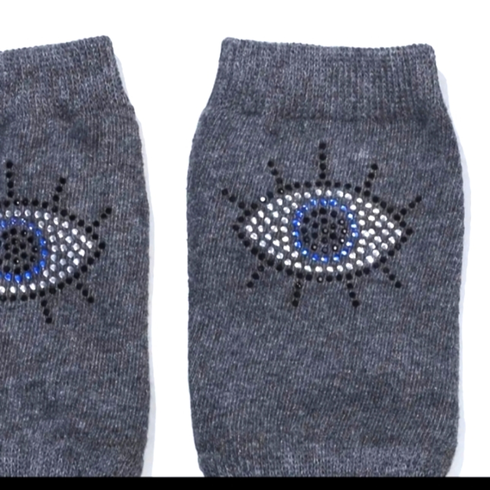 Evil Eye Fingerless Gloves Gray Grey Blue Silver Black Crystal Rhinestone Studs - Picture 7 of 8